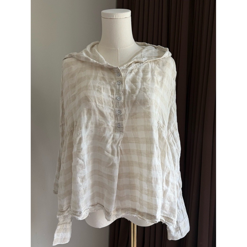 Free People Cream Hooded Button Pullover Metallic Trim Gauze Blouse Small